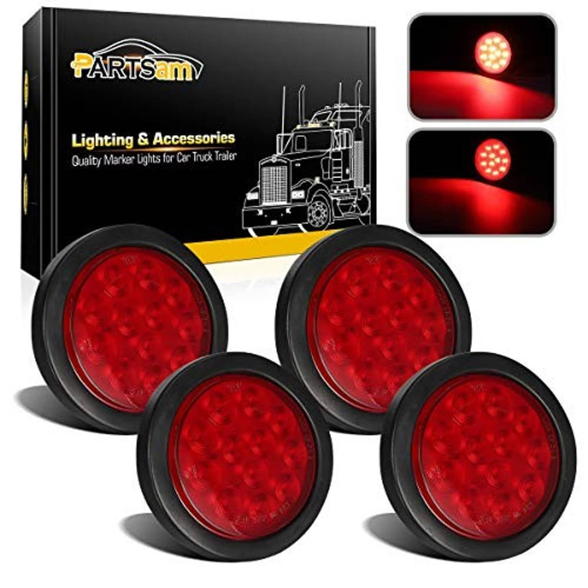 Four-pack 4-inch round red LED trailer lights with black bezels, red lenses