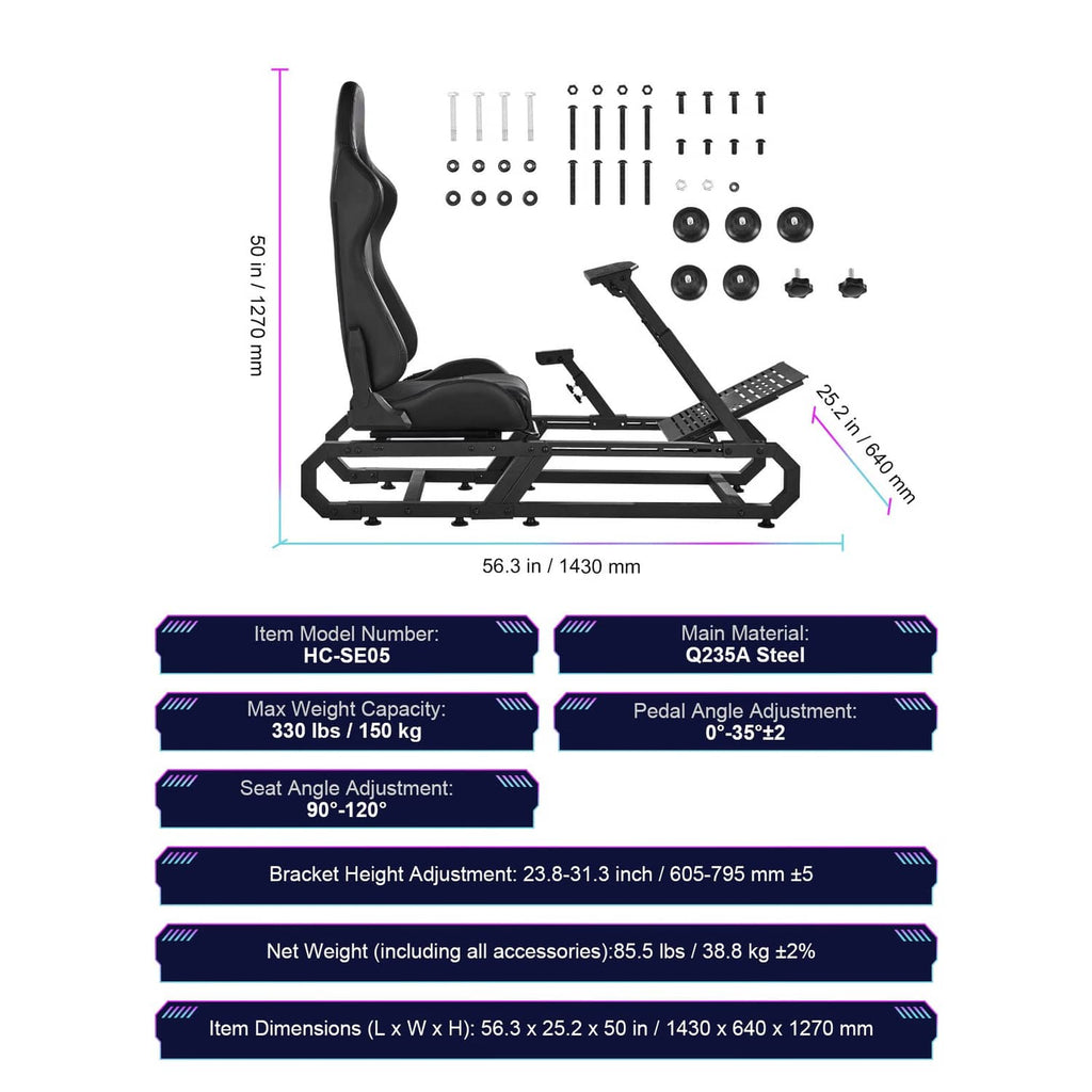 Racing simulator cockpit stand line diagram with seat and bracket dimensions.