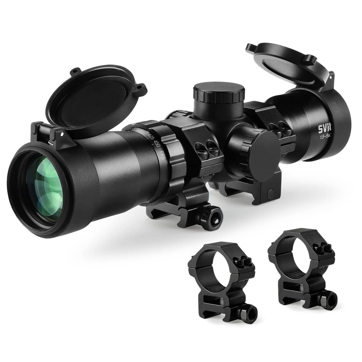 Black crossbow scope with illuminated reticle and adjustable turrets, 1.5-5x32