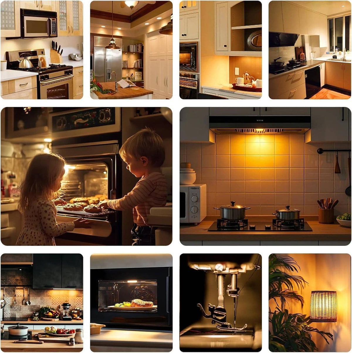 Warm white illumination from microwave oven LED bulb for kitchen cooking areas