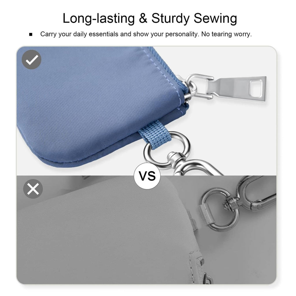 Blue dual pouch wristlet close-up with reinforced stitching and metal carabiner keyring