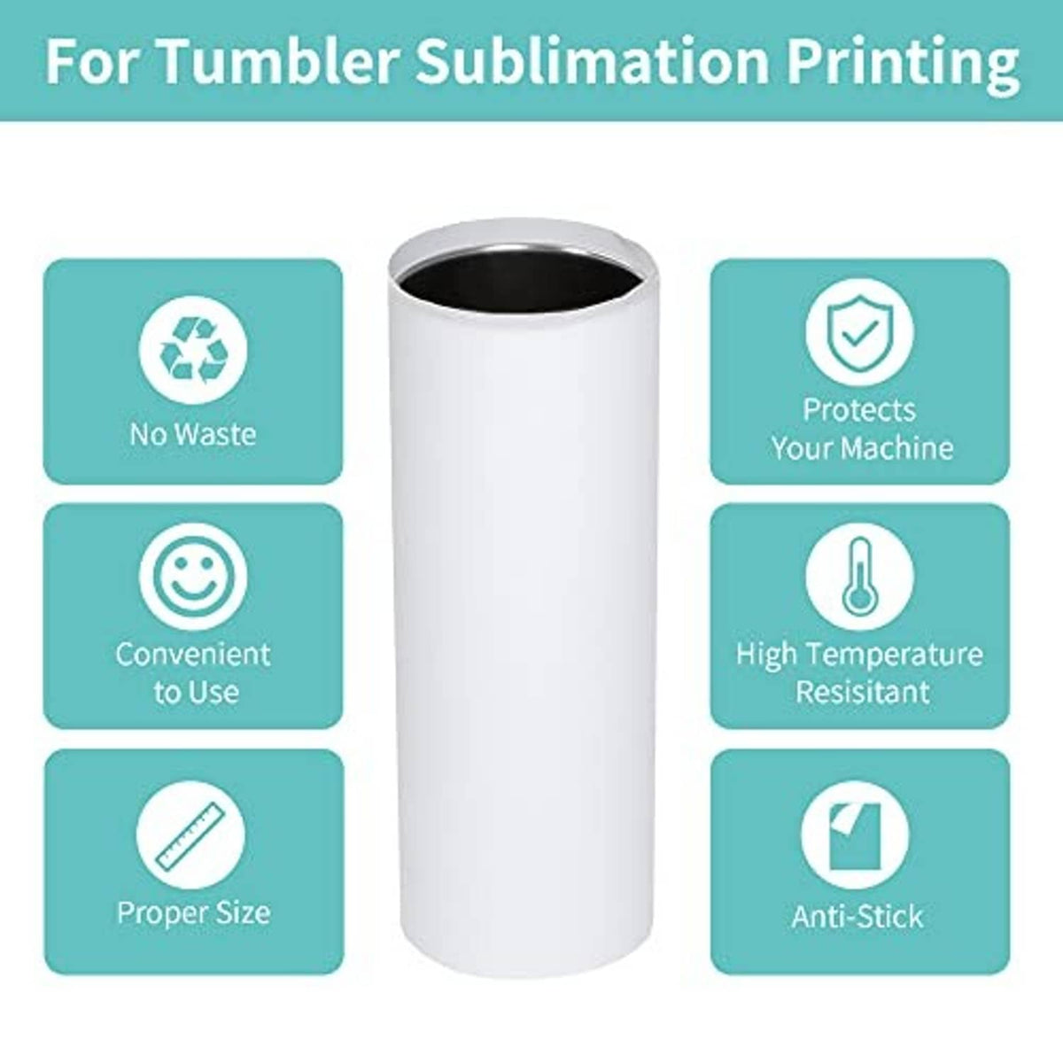 Sublimation butcher paper roll with no-waste, high-temp, anti-stick use benefits icons