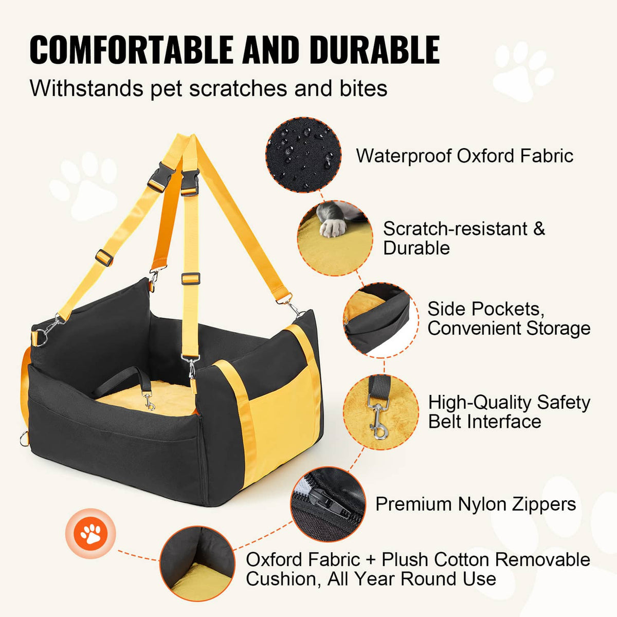 Black dog booster car seat with side pockets and safety belt interface, yellow accent trim