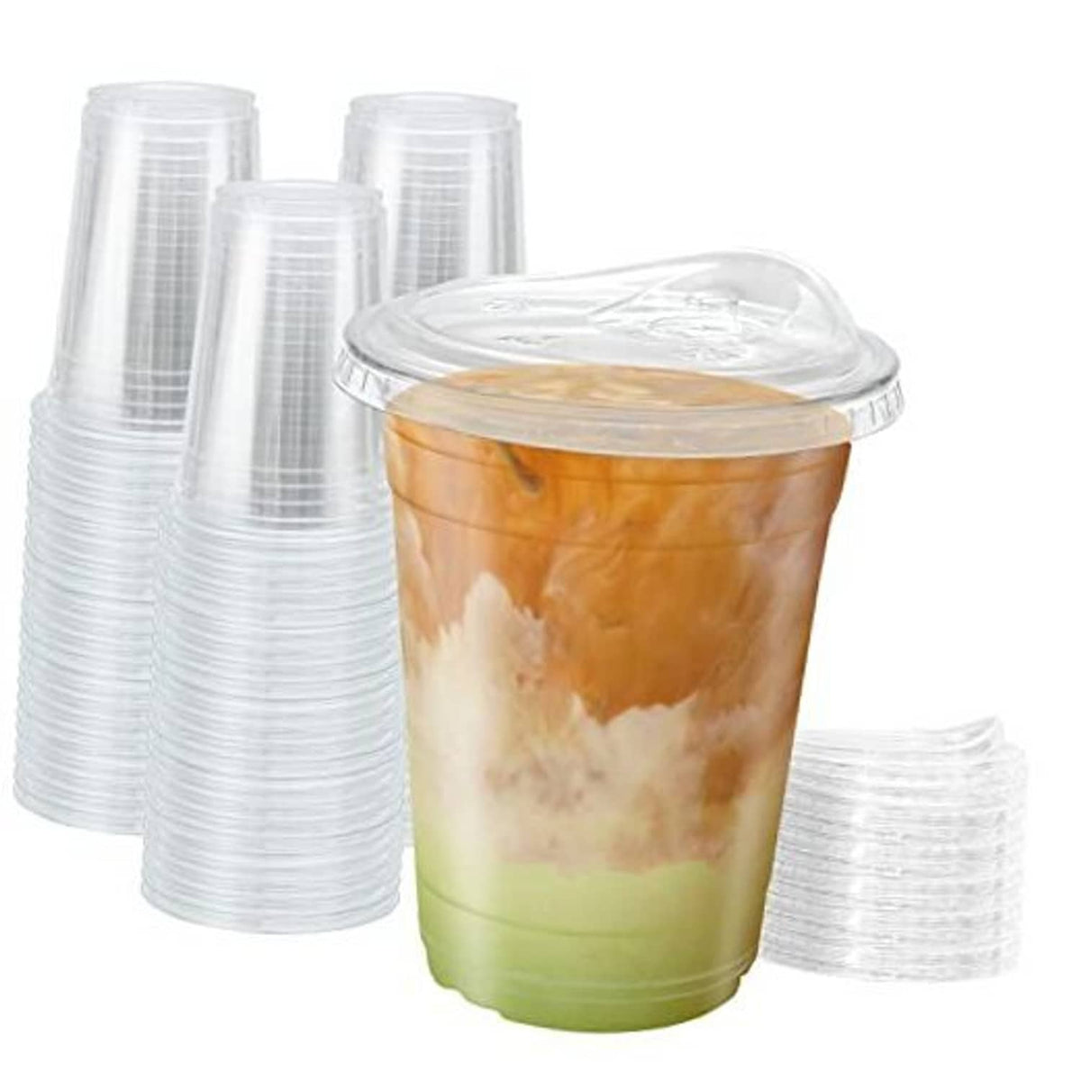 Clear 16 oz iced coffee cups with strawless sip lids, multiple stacked cups and one front