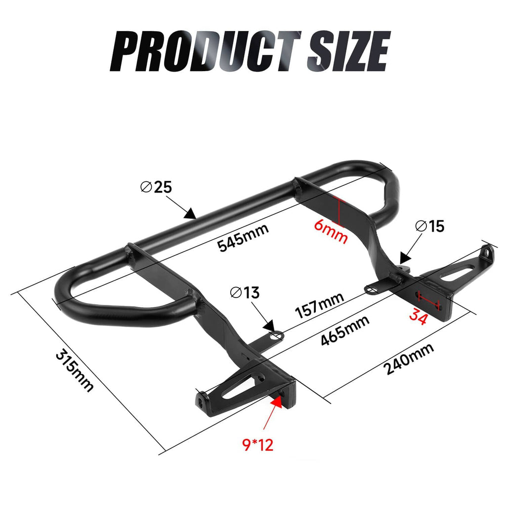 Black rear bumper grab bar rack with dimensions layout diagram