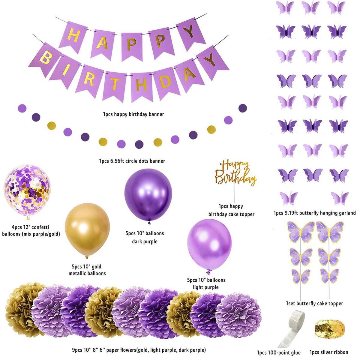 Purple Happy Birthday banner with confetti balloons, hanging butterflies, and cupcake topper set