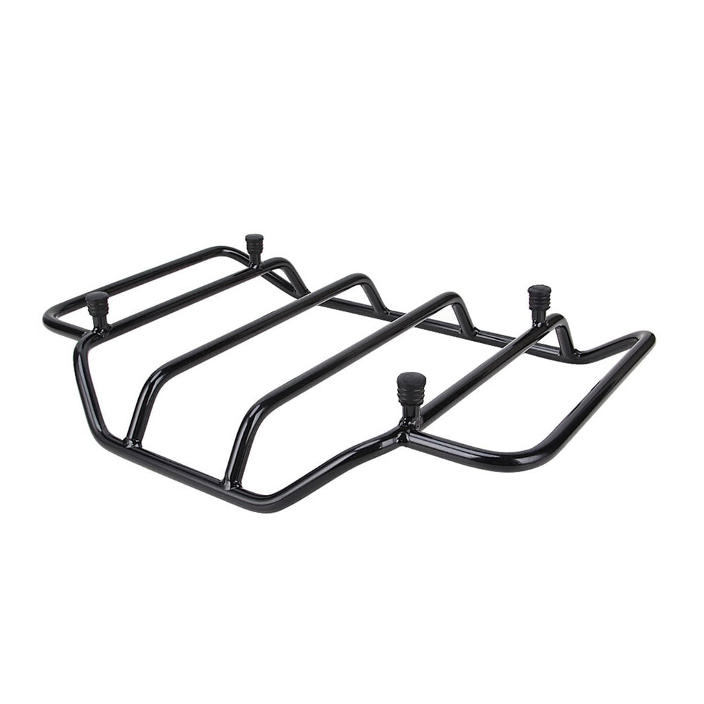 Black tubular motorcycle luggage rack with raised platforms and multiple mounting studs.