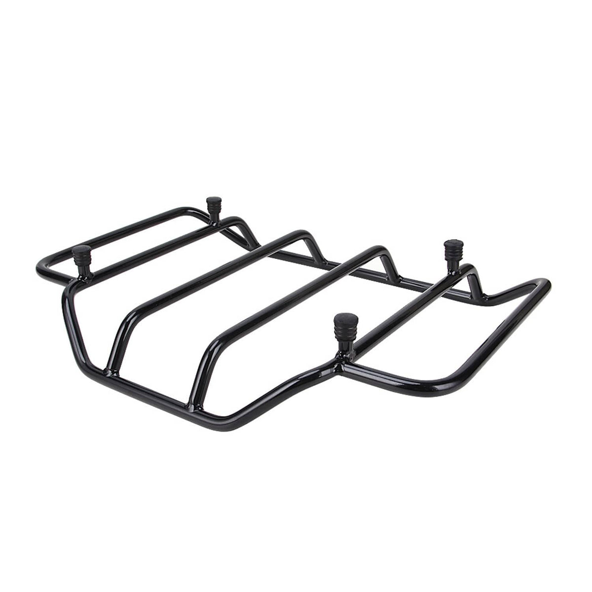 Black tubular motorcycle luggage rack with raised platforms and multiple mounting studs.