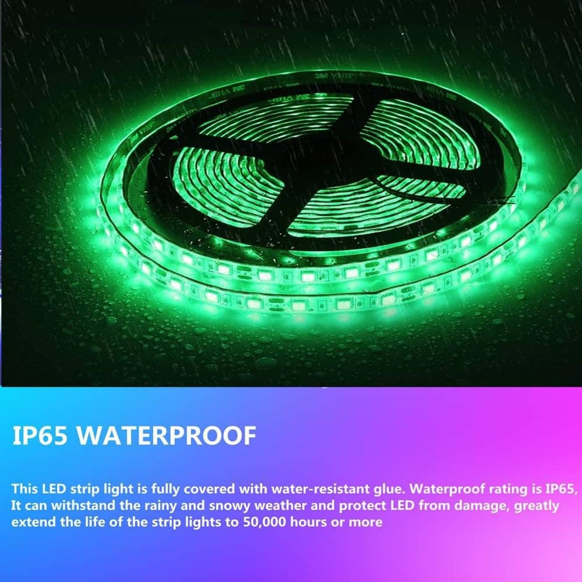 Green LED strip lights glowing around a circular strip, waterproof style