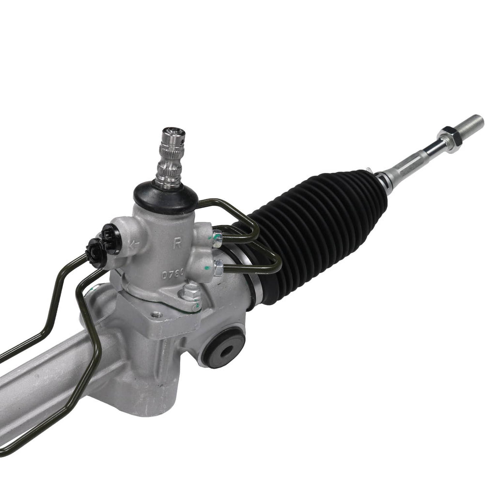 Power steering rack and pinion assembly close-up, silver housing with black rubber boot