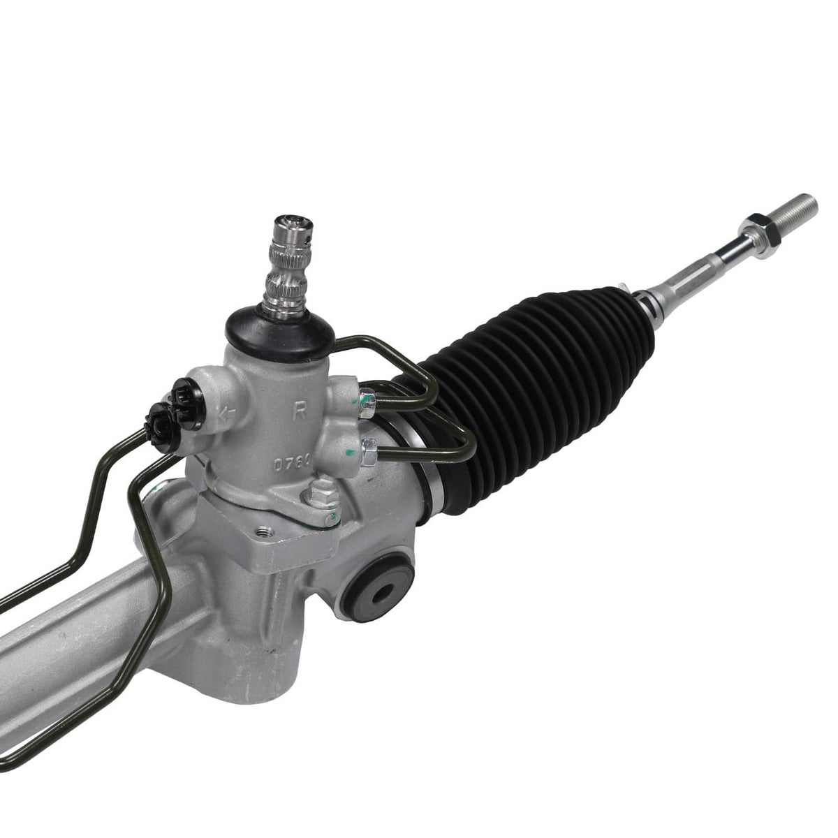 Power steering rack and pinion assembly close-up, silver housing with black rubber boot