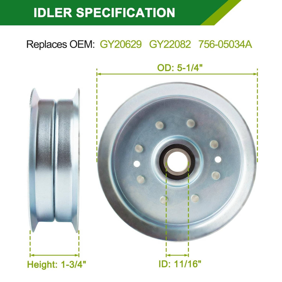 Mower idler pulley wheel with bolt holes and metal side flange, spec view