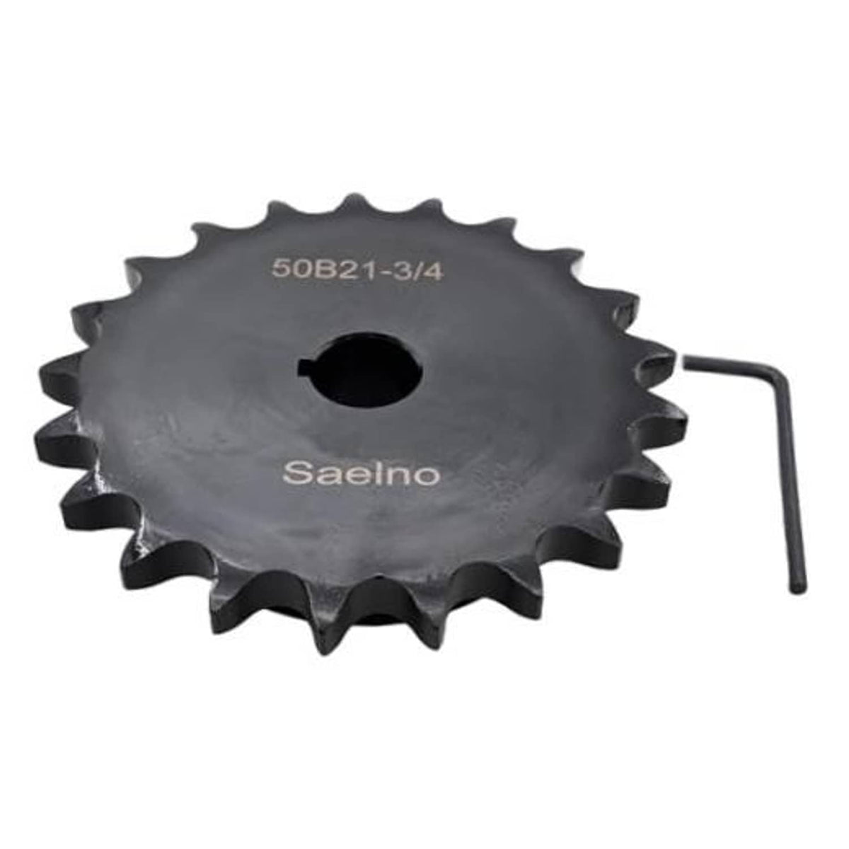 Hardened roller chain sprocket with 3/4 in bore, 21 teeth, handle and brand markings