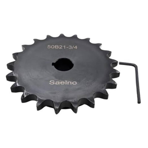 Hardened roller chain sprocket with 3/4 in bore, 21 teeth, handle and brand markings
