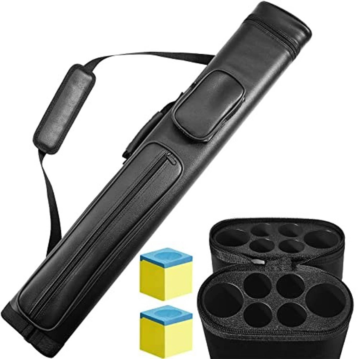 Black hard oval billiard cue case with carry handle, strap loop, and padded sleeve
