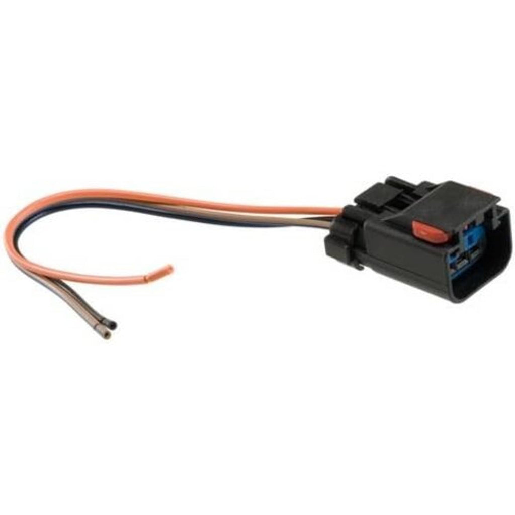 Black wiring pigtail connector with orange wire leads and exposed terminal cavity