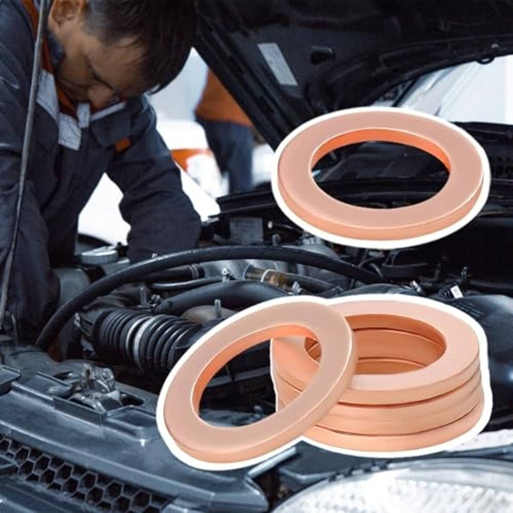 Copper oil drain plug gasket washers set, round rings with center holes on engine