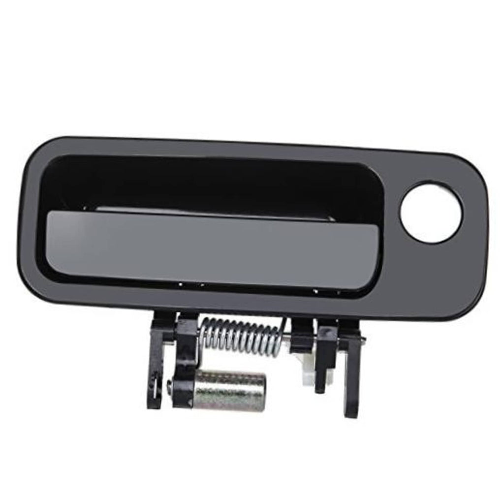 Black exterior door handle with silver latch spring and mounting bracket