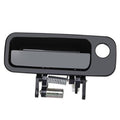 Black exterior door handle with silver latch spring and mounting bracket