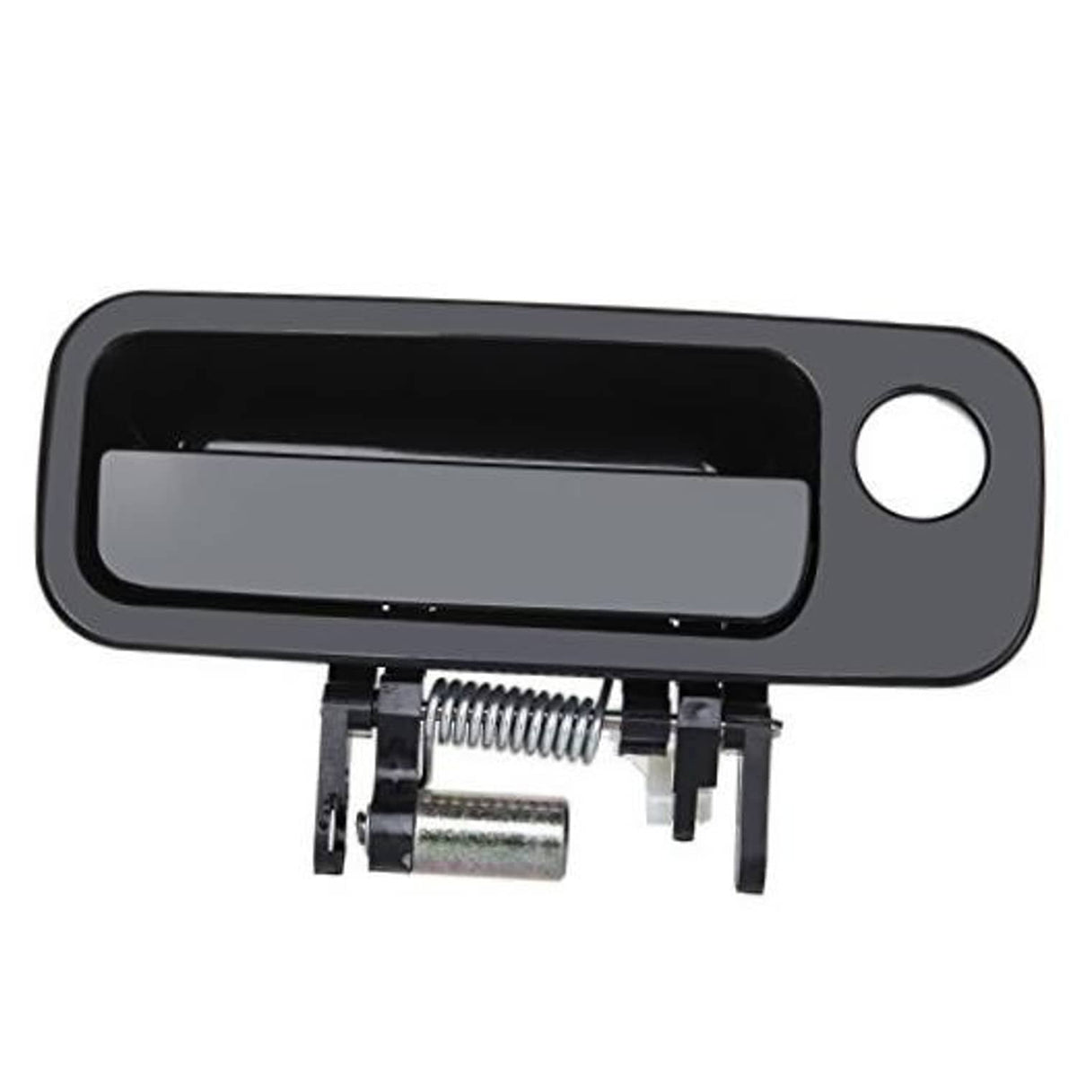 Black exterior door handle with silver latch spring and mounting bracket