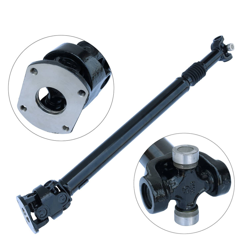 Front drive shaft assembly with U-joints and flange yoke, black steel and silver