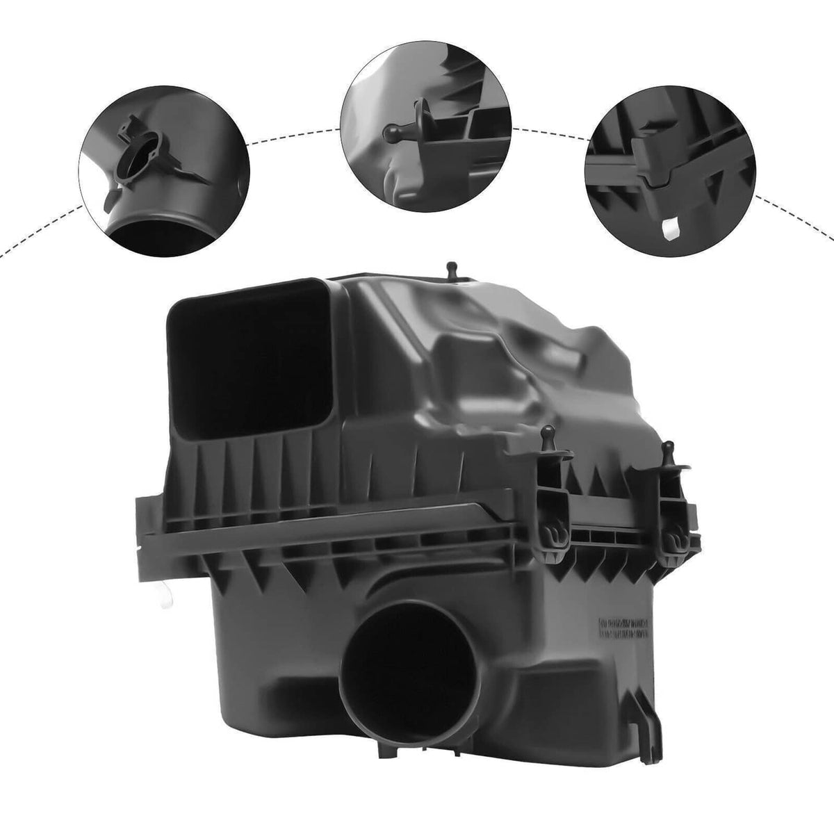 Air cleaner intake housing box, black plastic, with side outlet and vent ribs