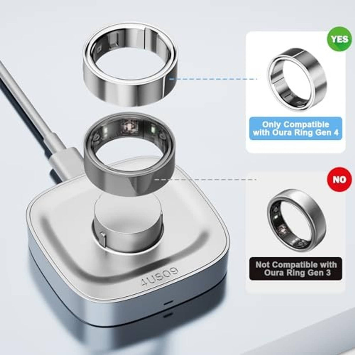 Metal charging dock with circular cradle for Oura rings and USB-C cable