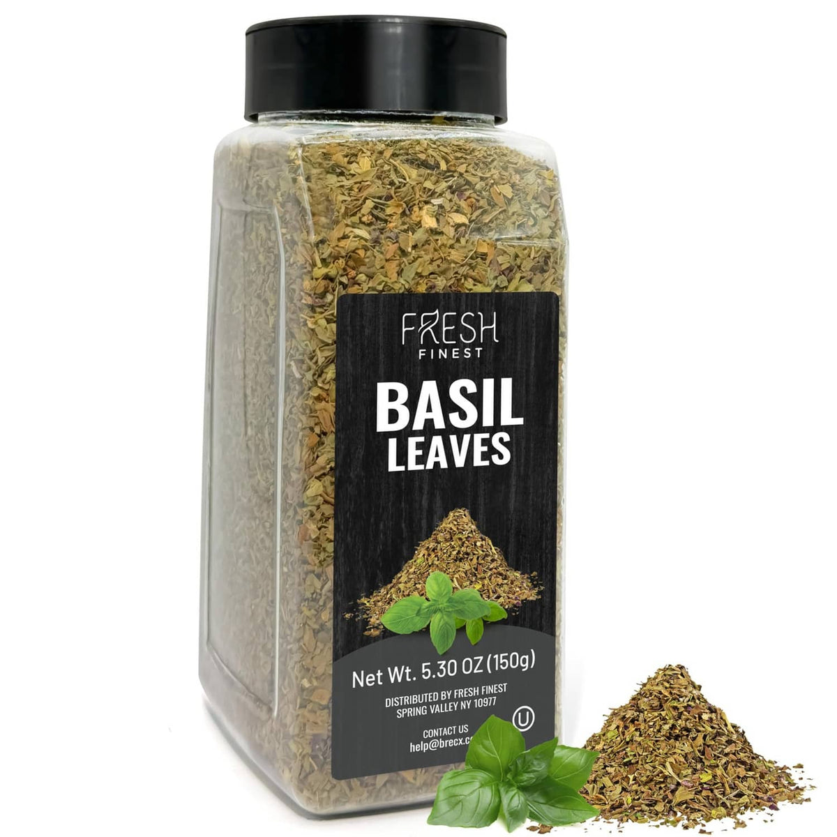 Dried basil leaves spice in clear jar with black cap and Fresh Finest Basil Leaves label
