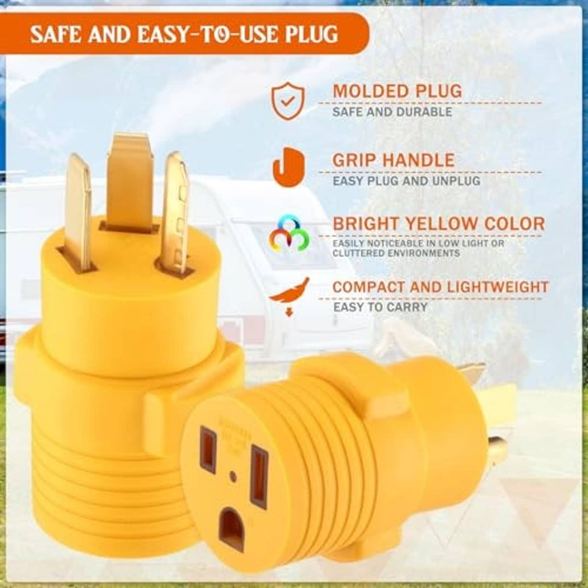 Yellow molded plug adapter with grip handle and prongs, black receptacle openings