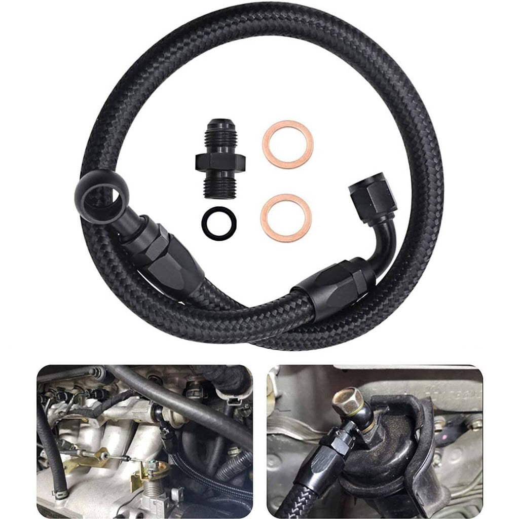 Braided fuel line hose kit with black braided line, fittings, and O-ring seals.