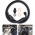 Braided fuel line hose kit with black braided line, fittings, and O-ring seals.