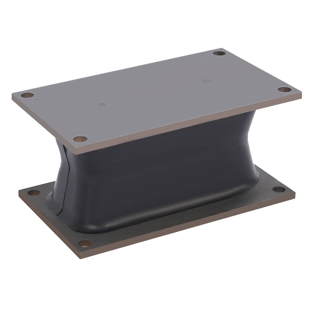 Rubber shock mount isolator with steel base plate and black rubber bushing, bolt holes