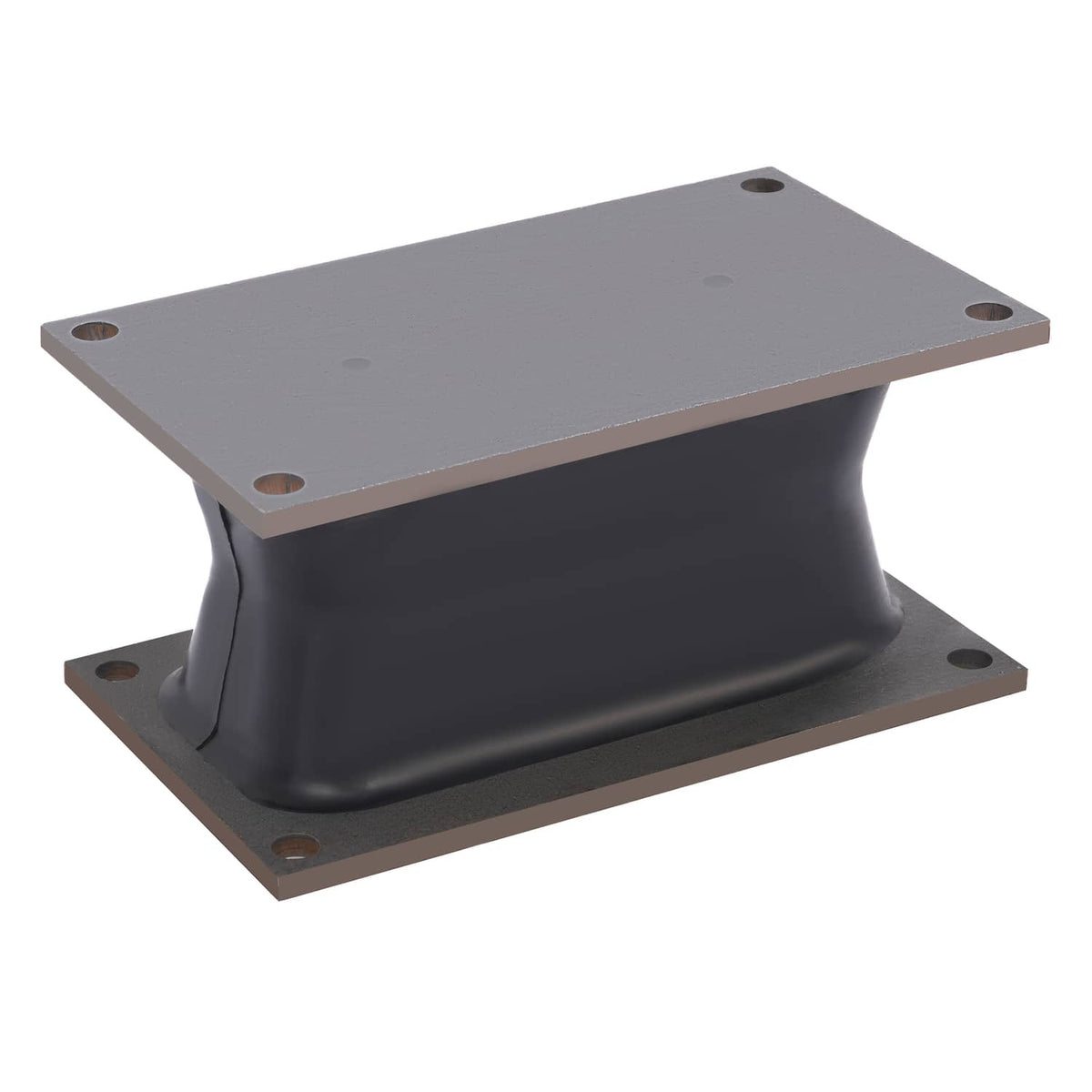 Rubber shock mount isolator with steel base plate and black rubber bushing, bolt holes
