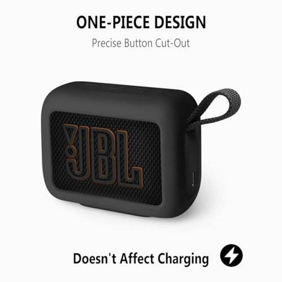 Black one-piece silicone speaker case cover with JBL logo and loop strap