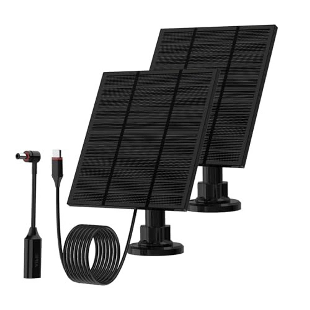 Pair of black foldable solar panels with adjustable base stands and coiled cable