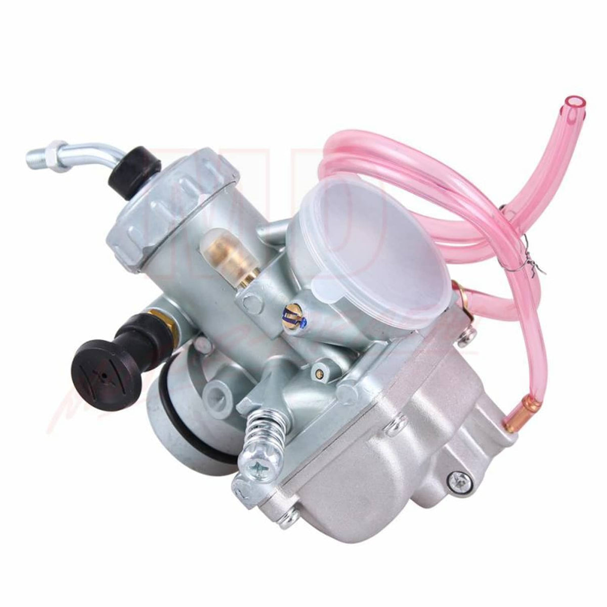 Silver carburetor with clear air intake cover, black choke, and pink fuel hoses
