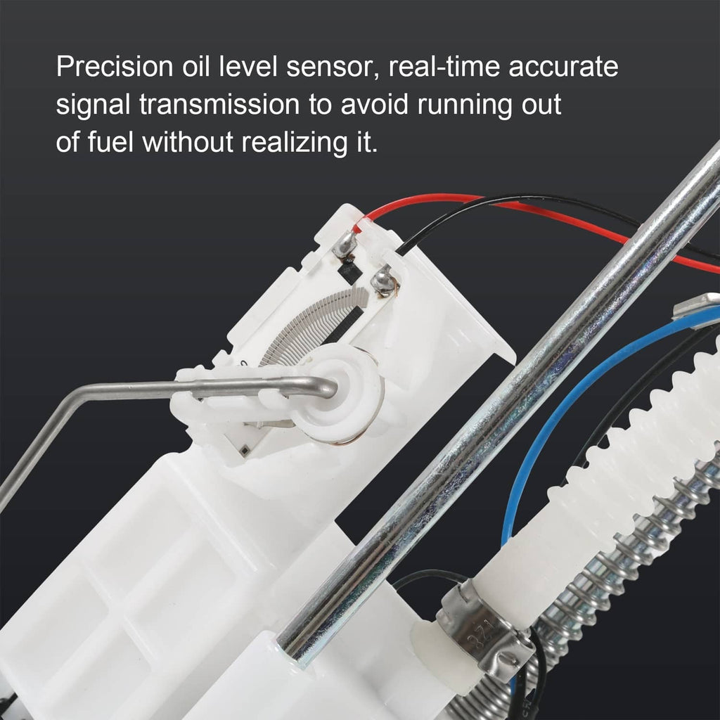 Fuel pump assembly with sensor, metal tube, and white plastic fuel level module