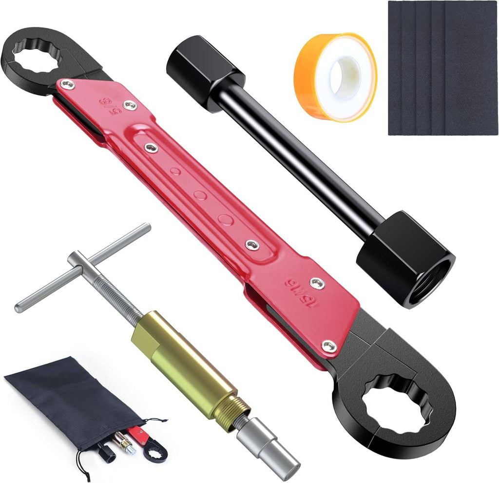 Angle stop wrench kit with red handle, black head, tube tool, tape roll, and sandpaper