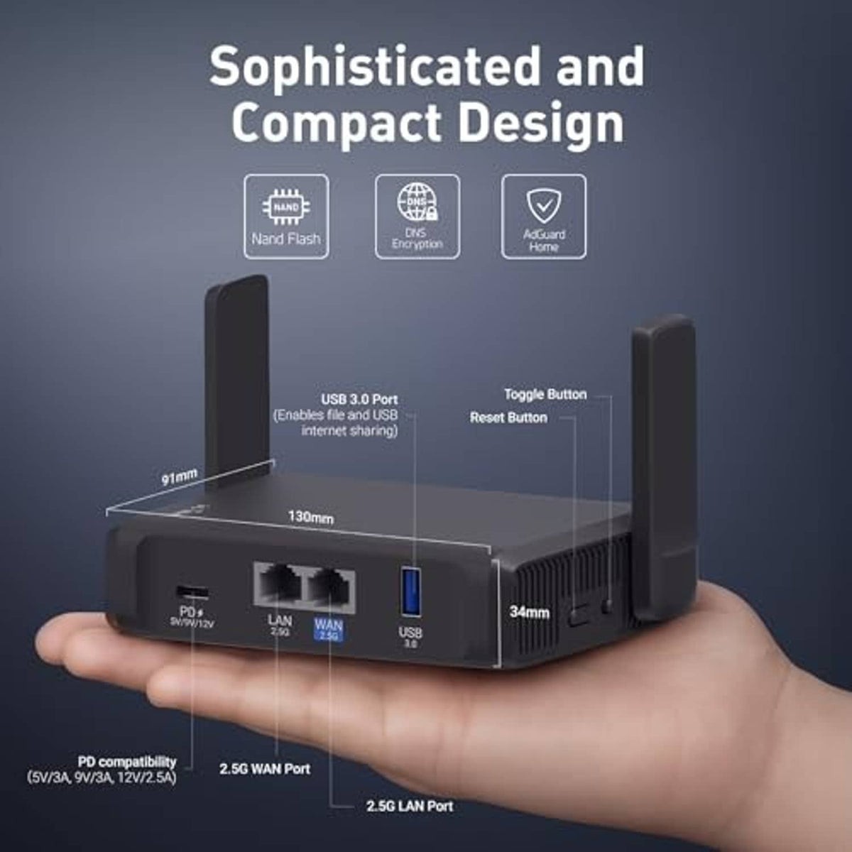Black router held in hand, showing compact ports and antenna size markers
