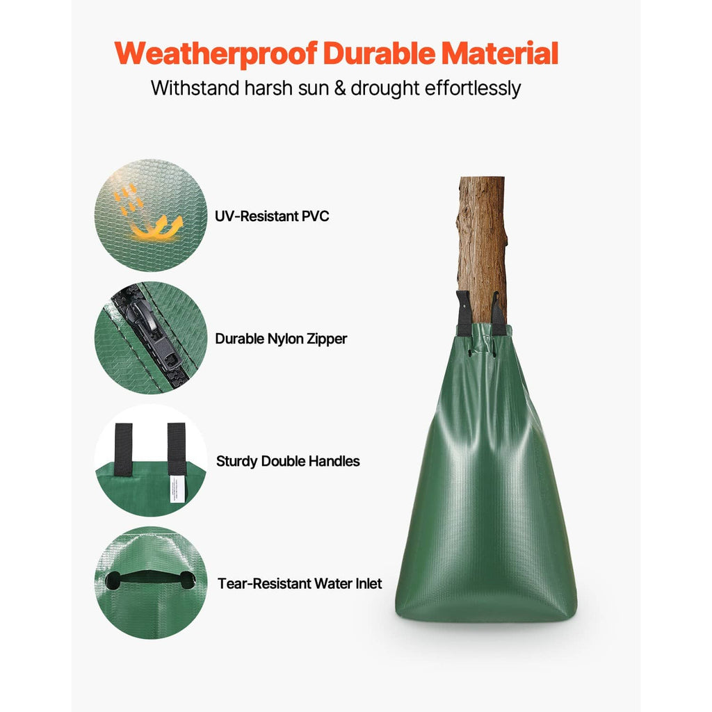 Green PVC tree watering bag with black zipper, double handles, and tear-resistant inlet