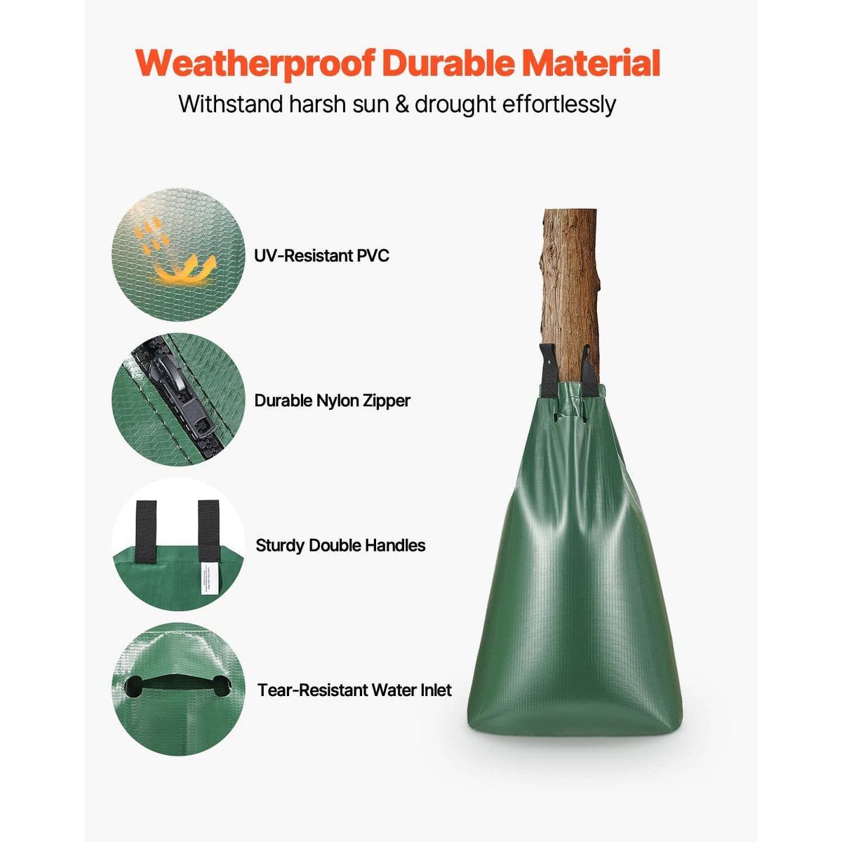 Green PVC tree watering bag with black zipper, double handles, and tear-resistant inlet