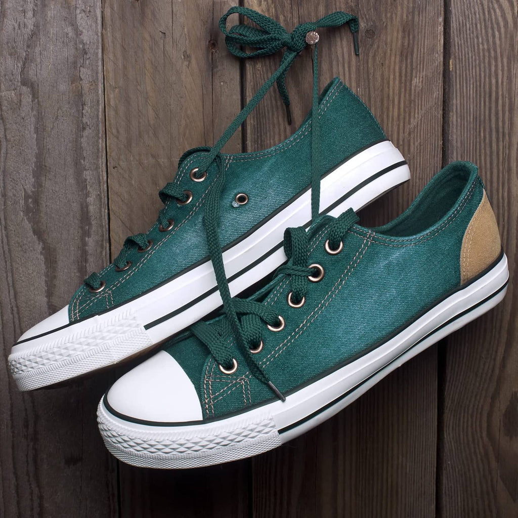 Teal canvas sneakers with lace-up eyelets and white rubber sole