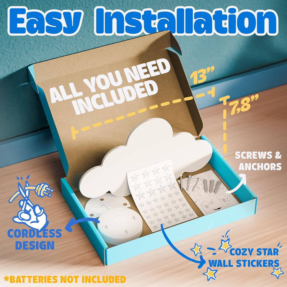 Cloud-shaped wall night light kit with accessories in box packaging