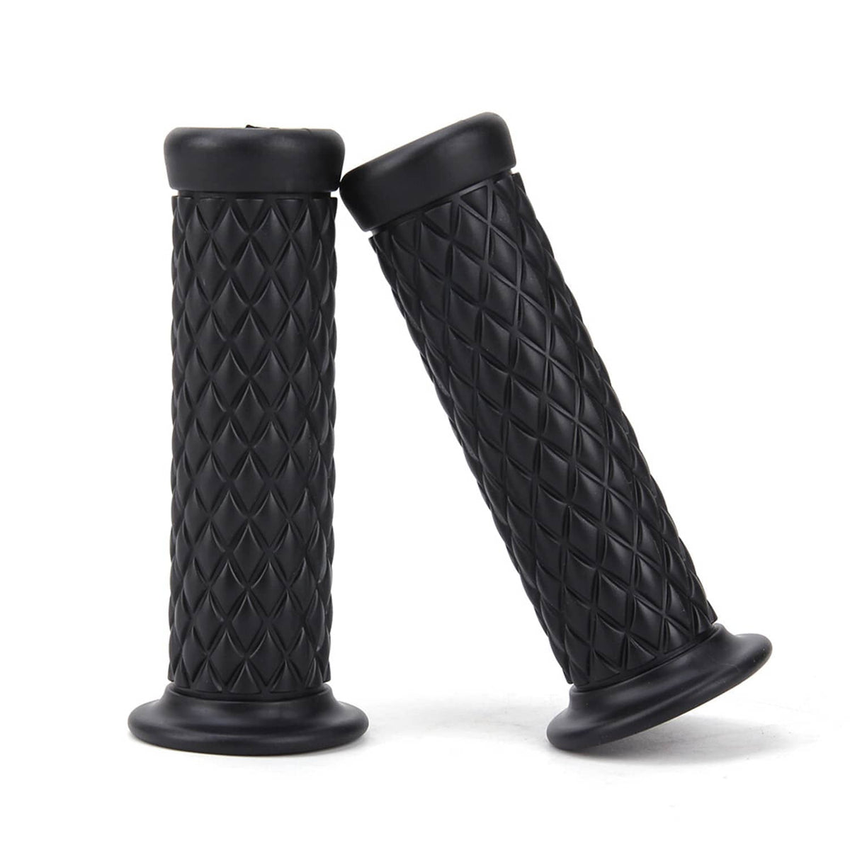 Pair of black motorcycle handlebar grips with diamond texture and thick rubber end caps.