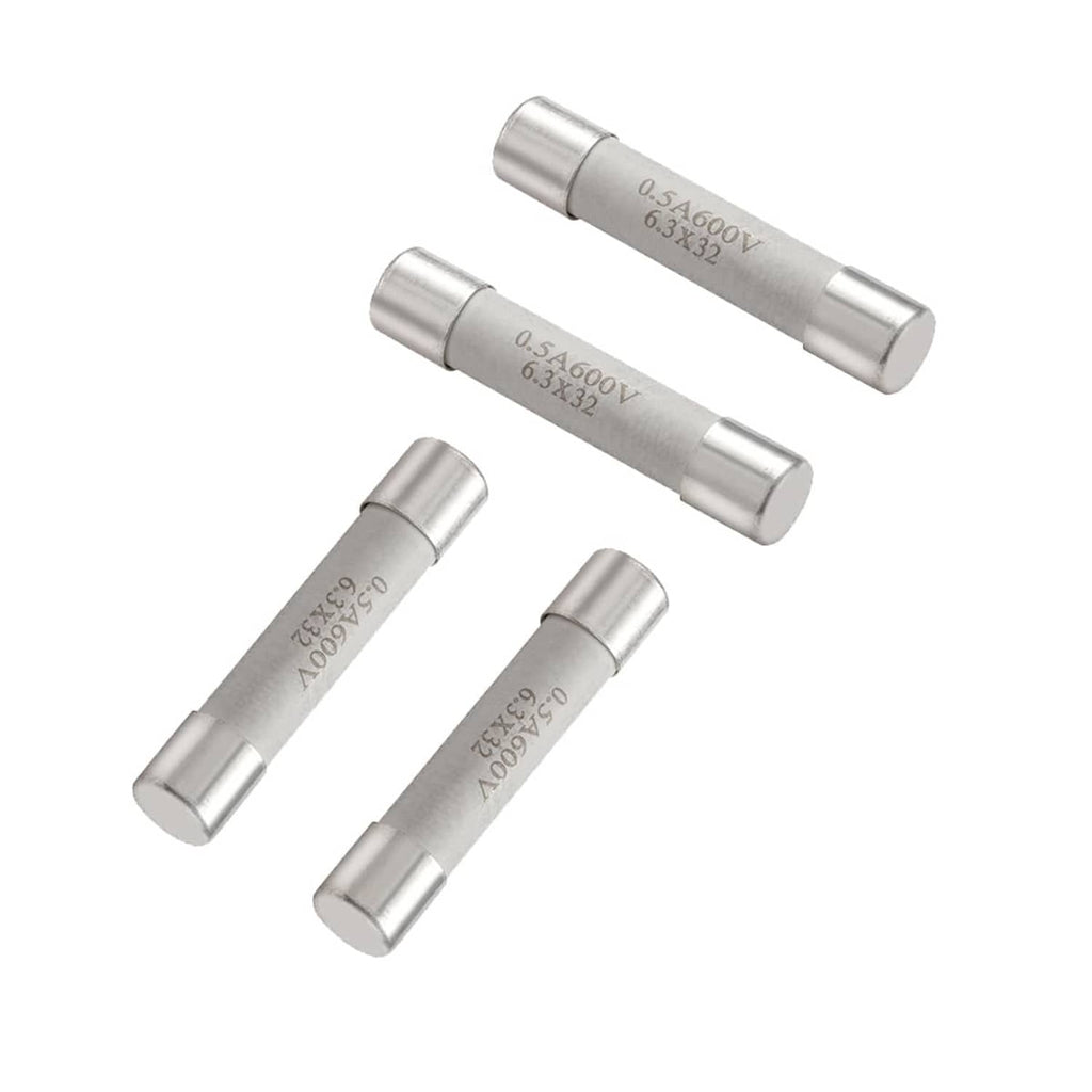 Fast-blow multimeter fuses, 0.5A 600V, silver metal end caps, ceramic body