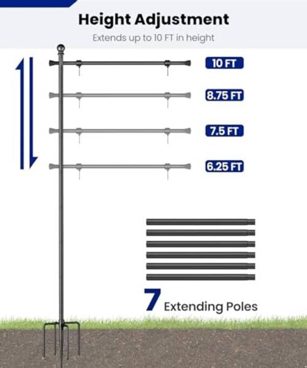 Adjustable in-ground flag pole holder with 10 ft extending poles and height setting marks