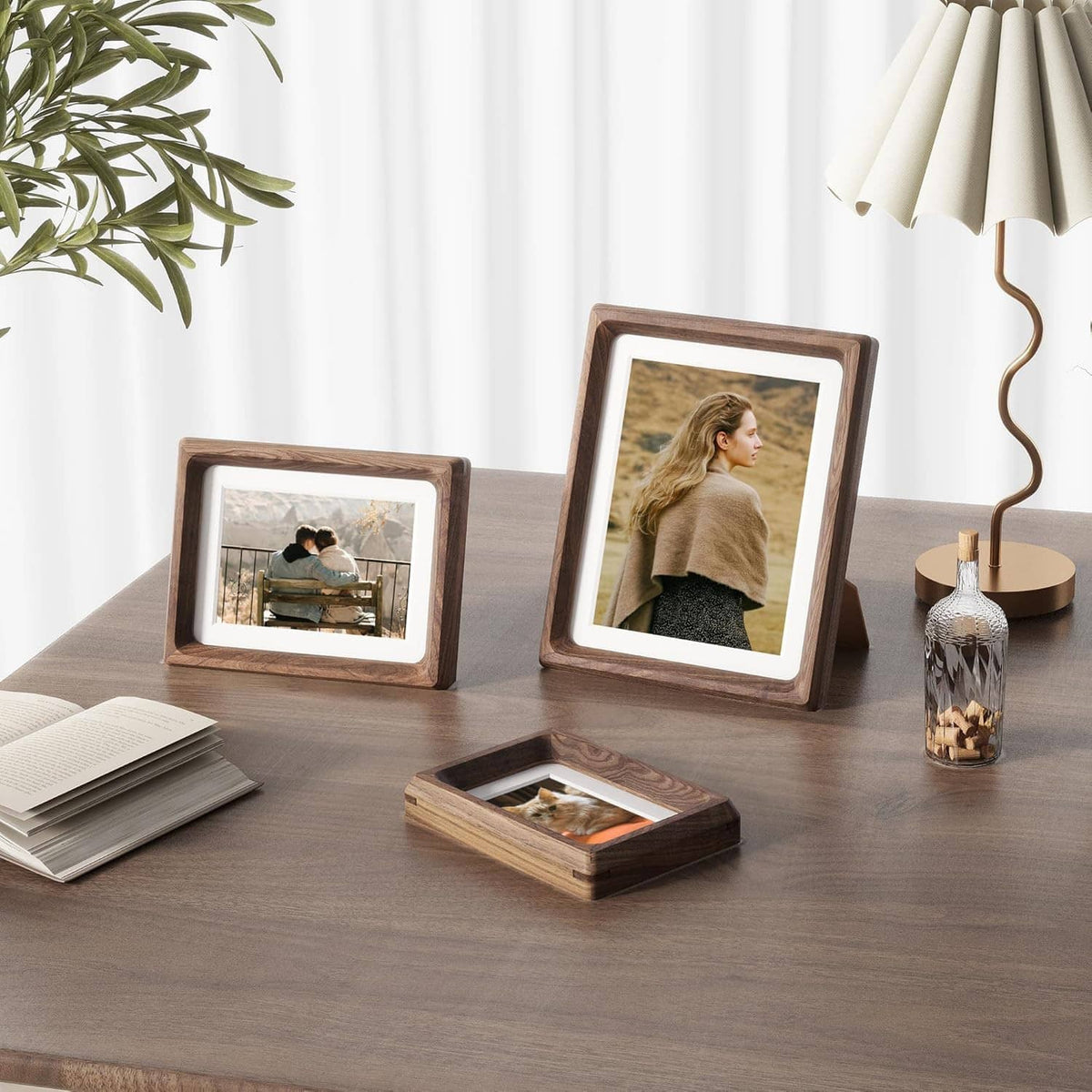 Natural walnut wood picture frame with white mat, standing tabletop display
