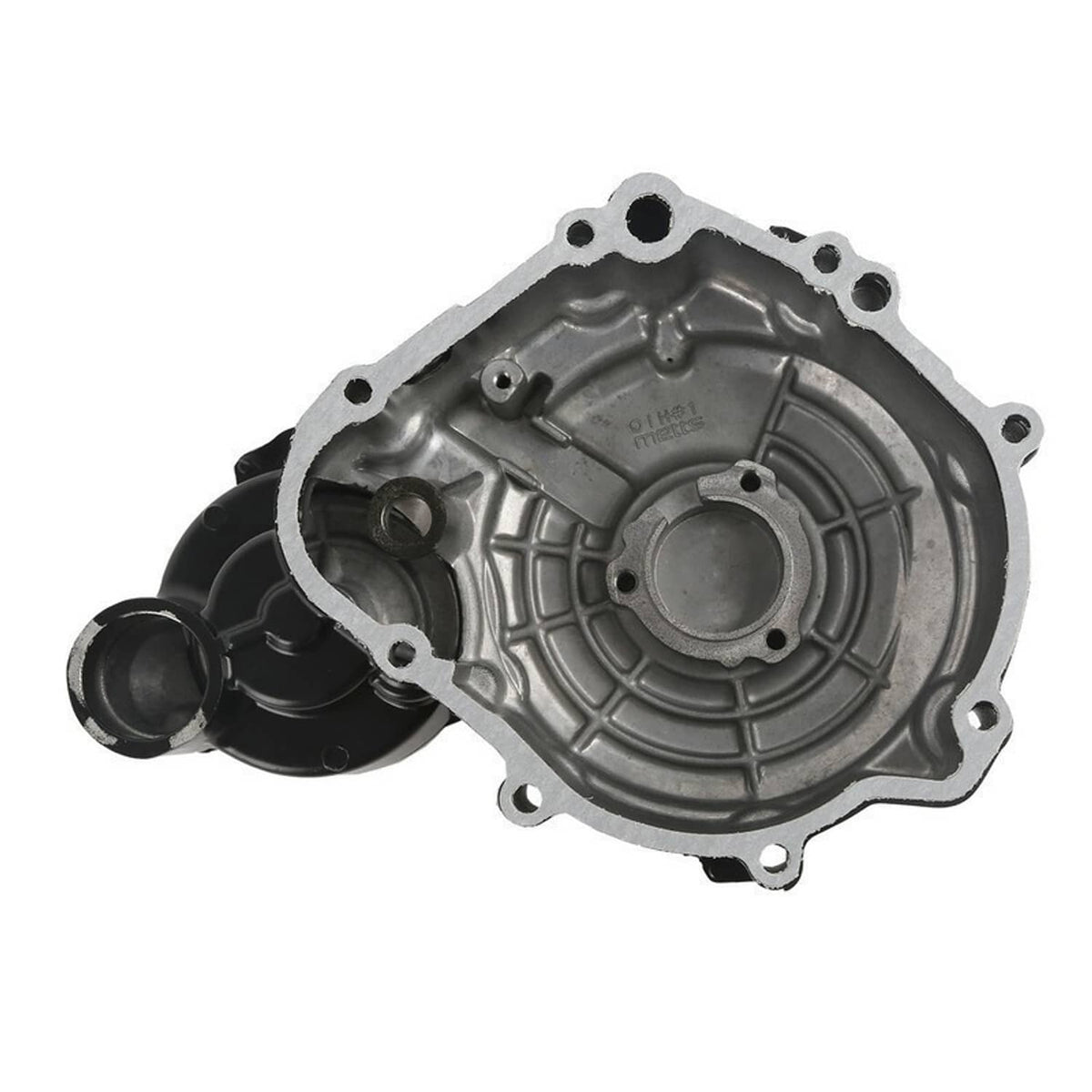 Silver aluminum crankcase cover half with bolt holes and oil port
