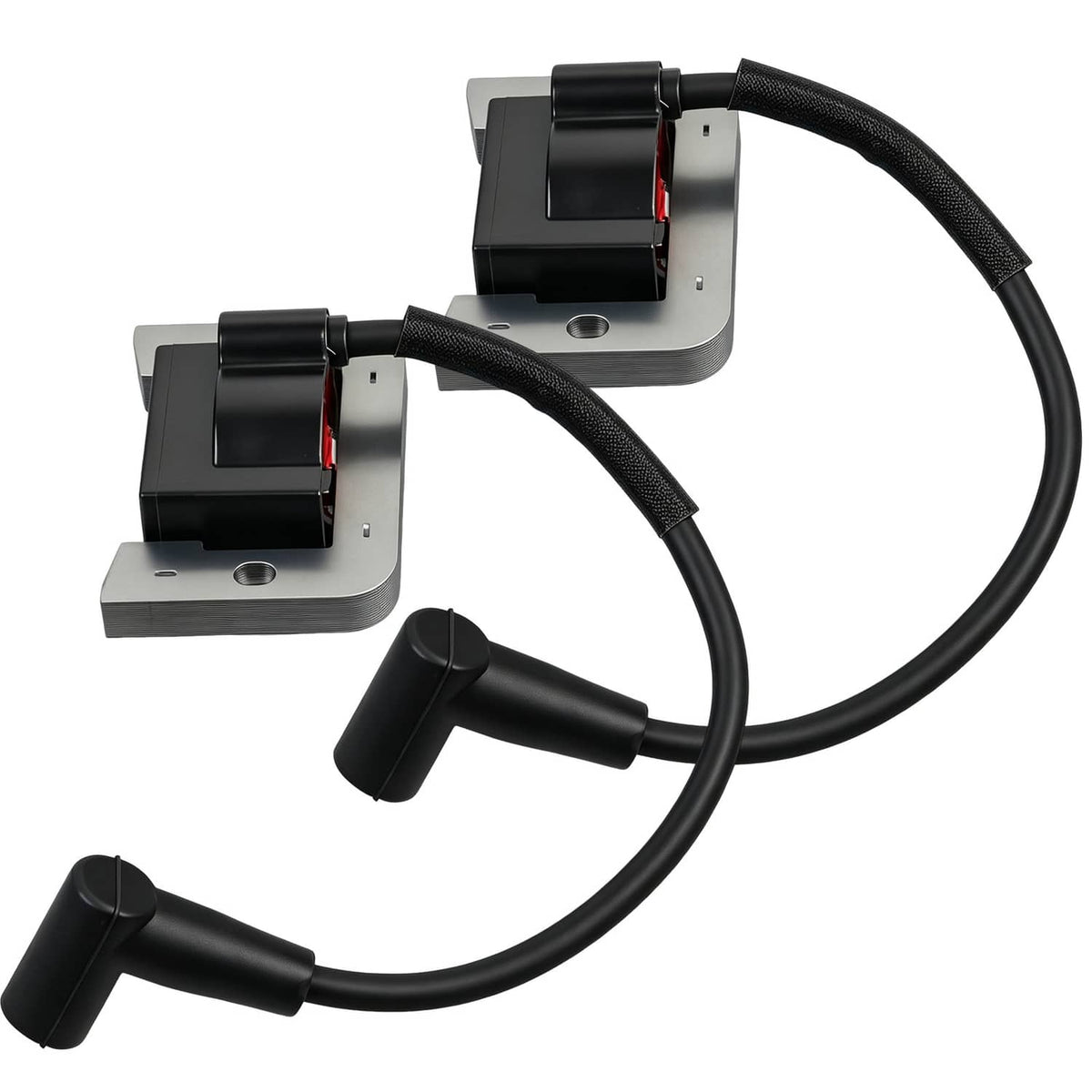 Ignition module pair with black wire harness and coil boots, angled view