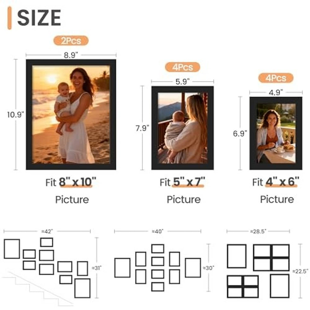 Black picture frame size guide showing 8x10, 5x7, and 4x6 fits